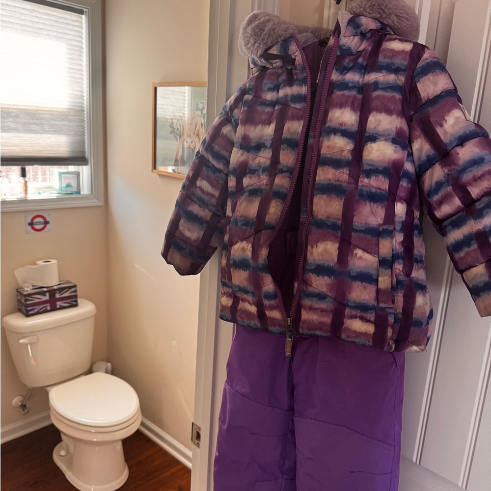 Snozu Purple Puffer Jacket with Hood and Matching Bib Snow Pants